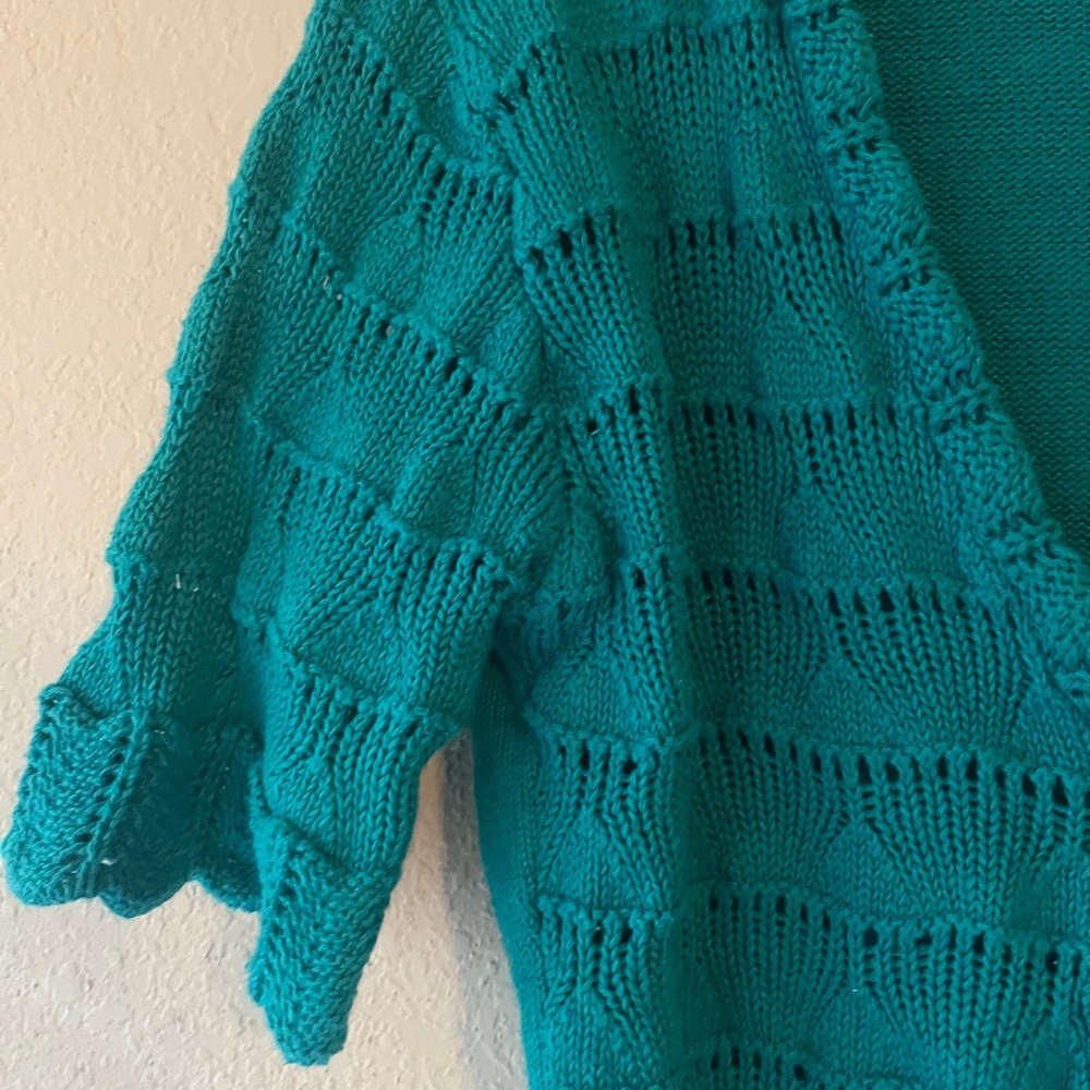 Vintage 90s Molly Malloy Teal Knit Cropped Cardigan Size Small - Picture 3 of 7